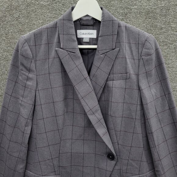 Calvin Klein Blazer Jacket Women's 4 Gray Woven Window Pane One Button NWOT - Picture 2 of 12